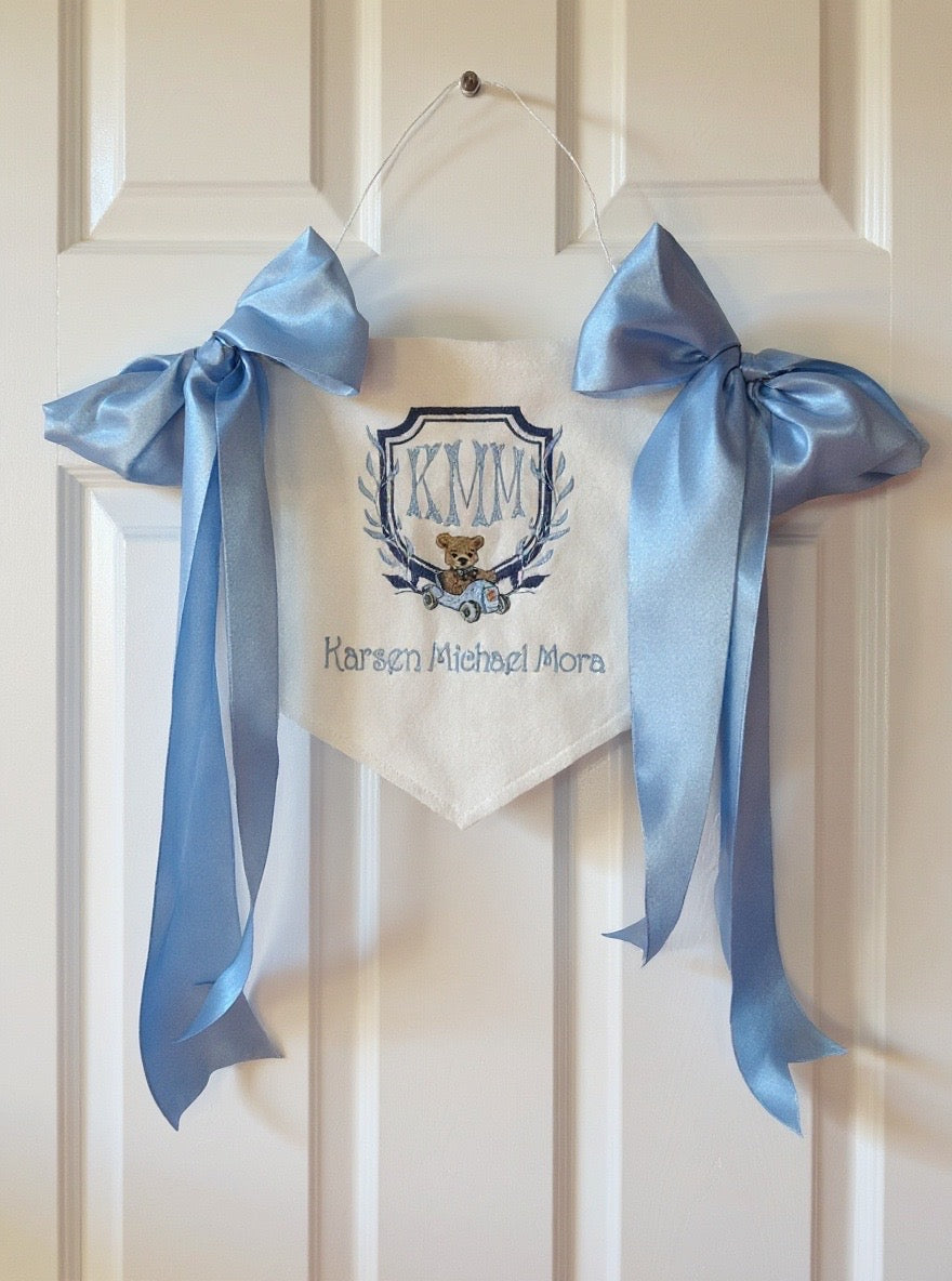 Custom Embroidered Baby Banner: Monogram Nursery Decor with Satin Bows