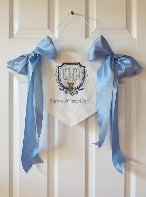 Custom Embroidered Baby Banner: Monogram Nursery Decor with Satin Bows