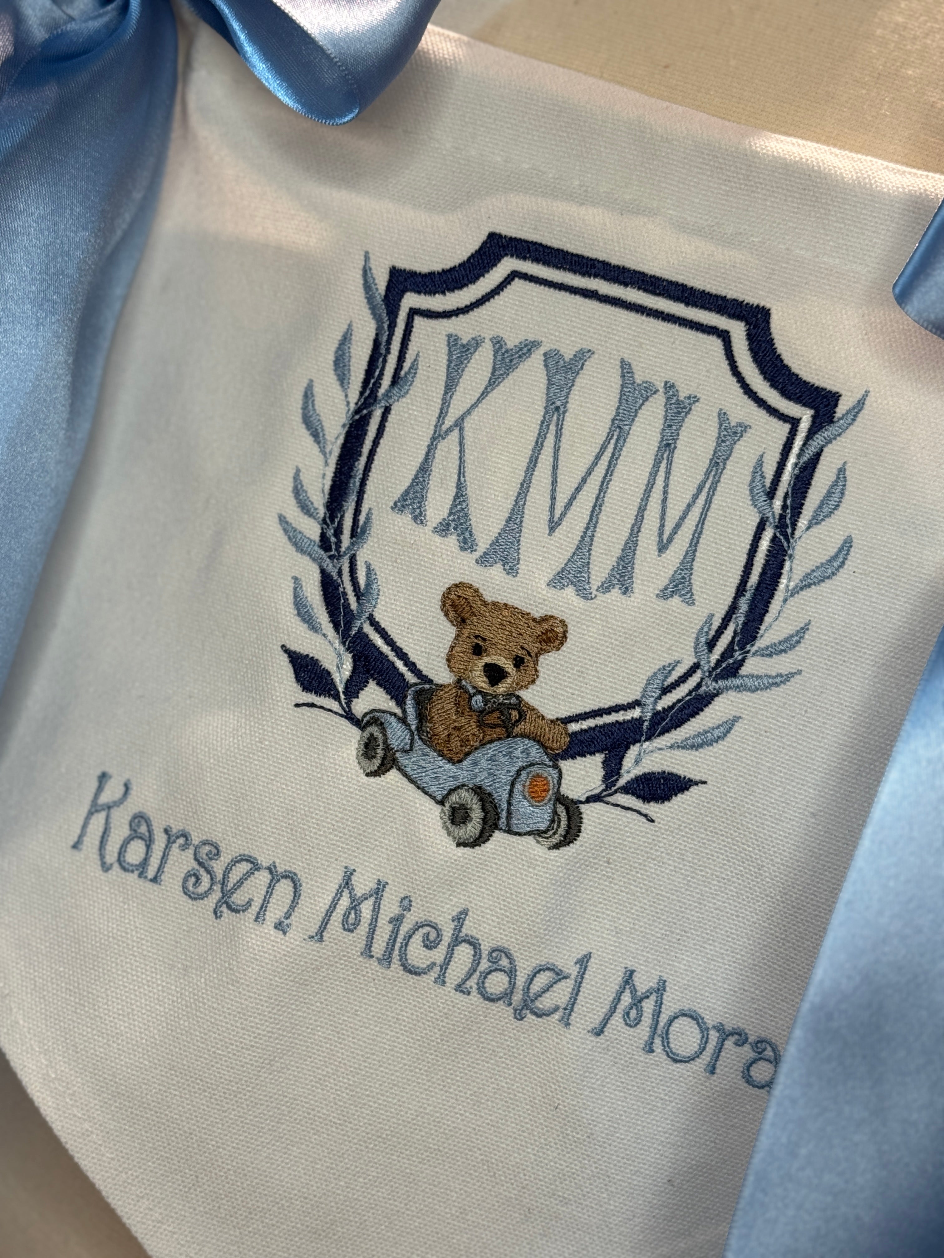 Custom Embroidered Baby Banner: Monogram Nursery Decor with Satin Bows