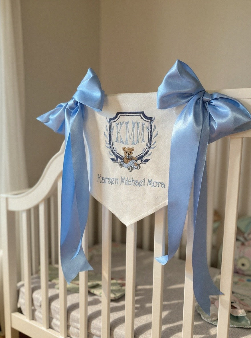 Custom Embroidered Baby Banner: Monogram Nursery Decor with Satin Bows