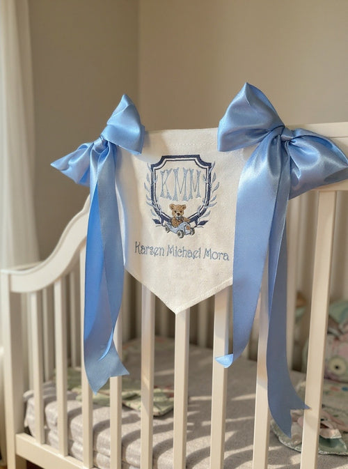 Custom Embroidered Baby Banner: Monogram Nursery Decor with Satin Bows